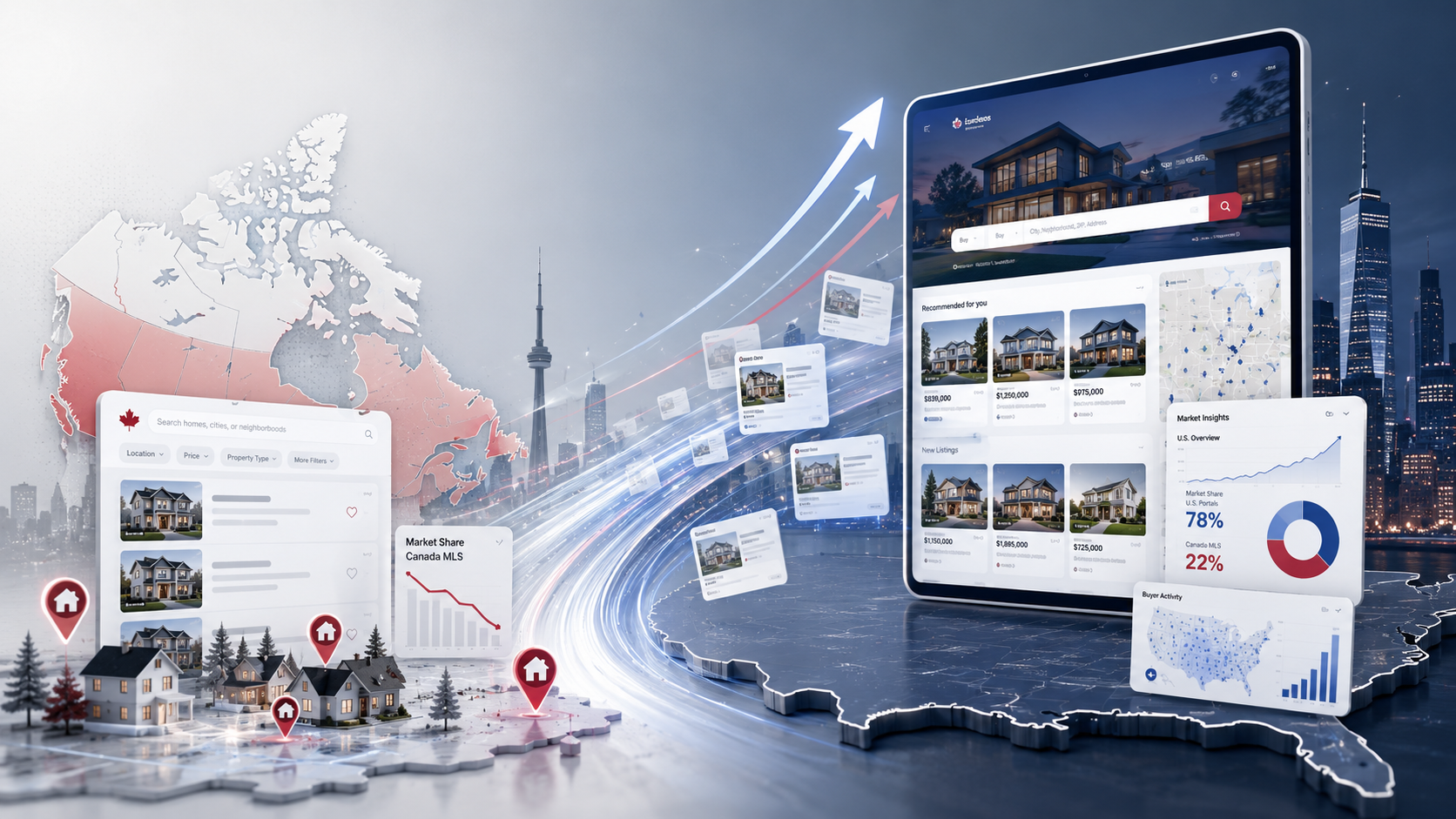 Canadian MLS platforms vs U.S. real estate portals — market share and data gap illustration